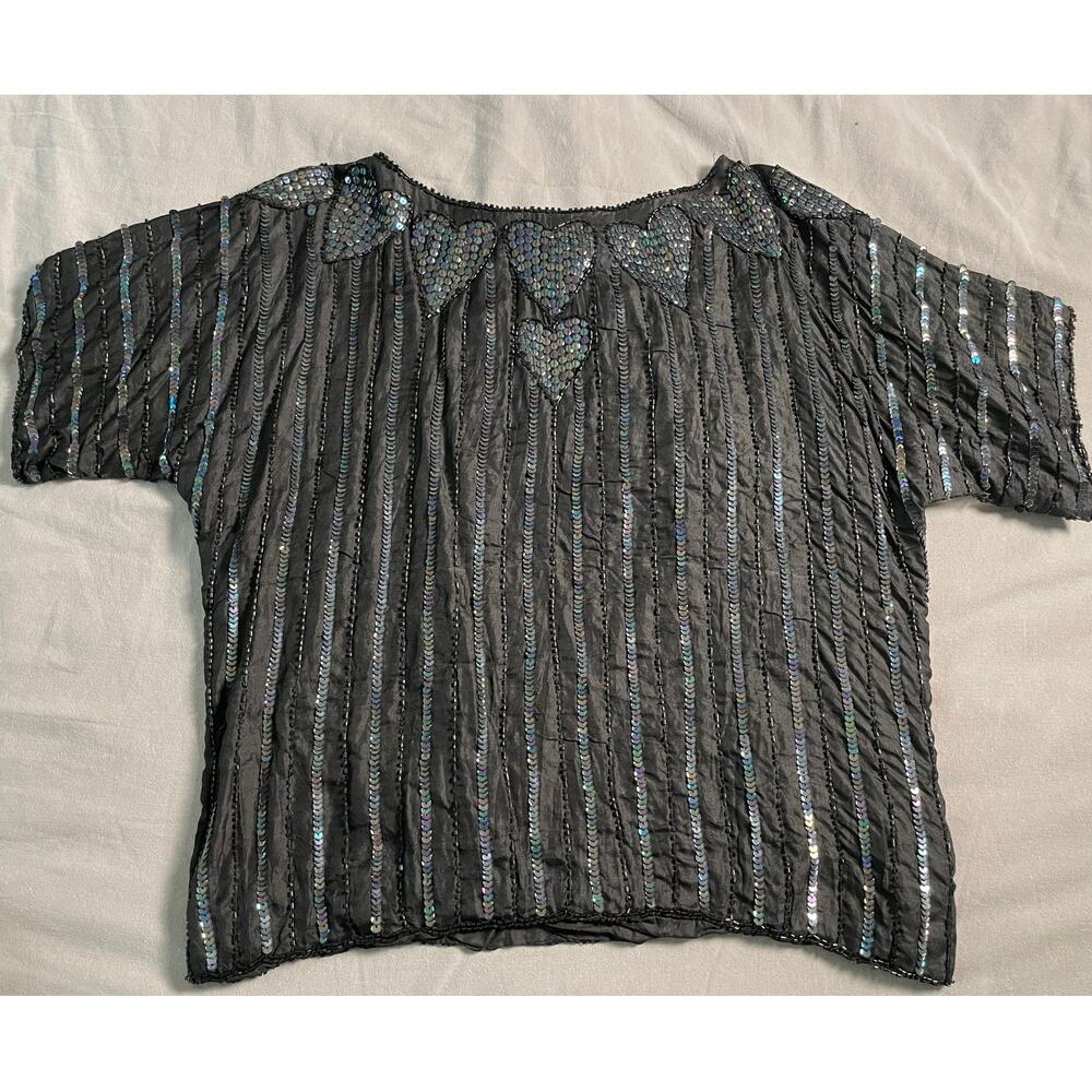 Vintage Silk Blouse with Heart Sequin Detailing